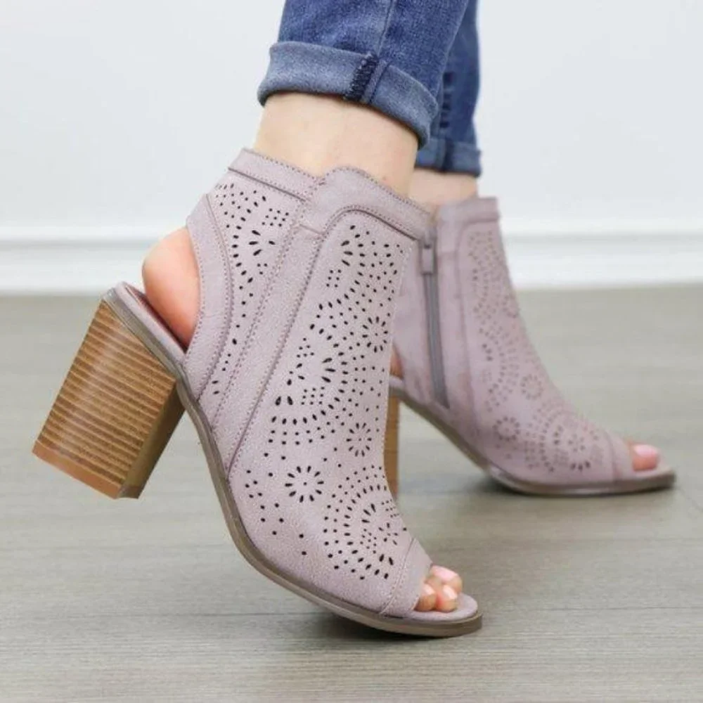 Mauve Laser Cut Design Open Toe Ankle Boots - Picture 6 of 7